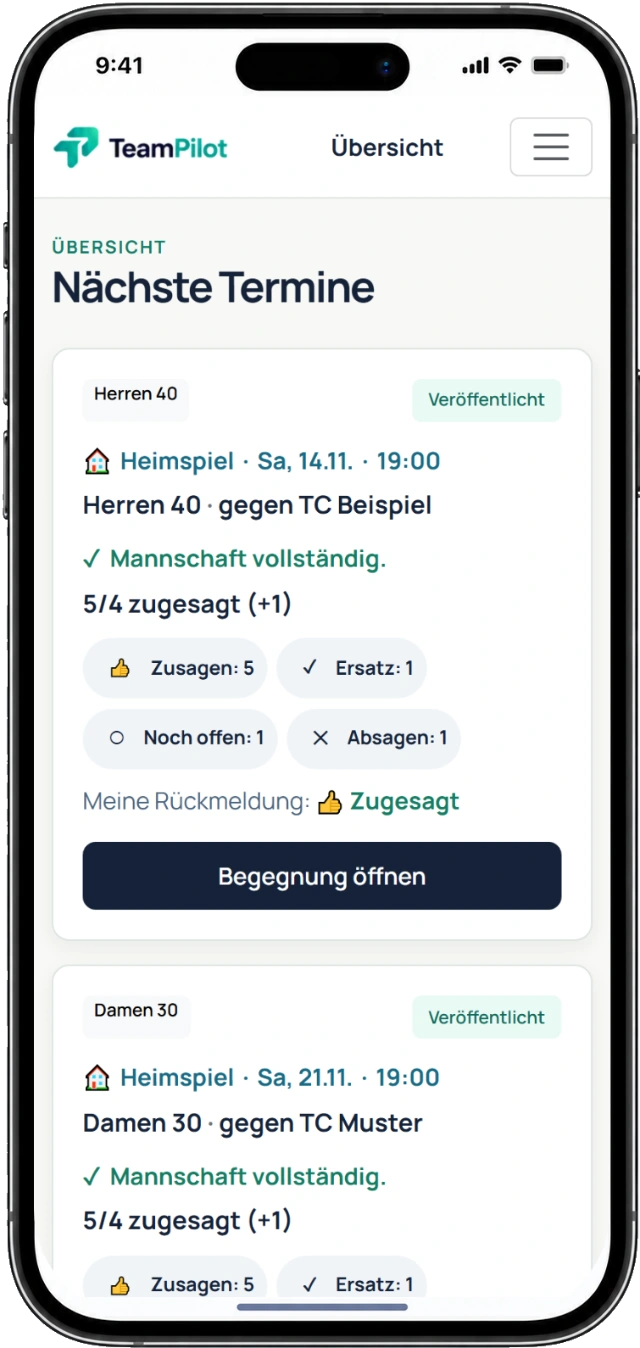 TeamPilot Tennis auf einem Smartphone